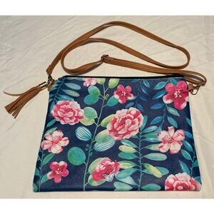 L.I.B. New York Crossbody Blue Pebbled Floral Tropical Zip Purse -size 11” x 9”
